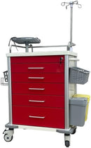 Emergency Cart MS3C-600CRM, Hospital Crash Cart with Accessories, IV Pole, O2 Holder, Defibrillator Shelf, Cardiac Board, Trash Bin - Red