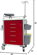 Emergency Cart MS3C-600CRM, Hospital Crash Cart with Accessories, IV Pole, O2 Holder, Defibrillator Shelf, Cardiac Board, Trash Bin - Red