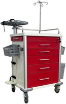 Emergency Cart MS3C-600CRM, Hospital Crash Cart with Accessories, IV Pole, O2 Holder, Defibrillator Shelf, Cardiac Board, Trash Bin - Red
