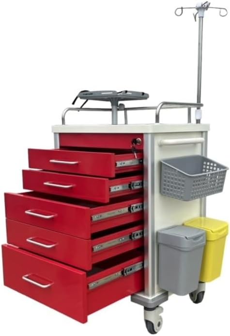 Emergency Cart MS3C-600CRM, Hospital Crash Cart with Accessories, IV Pole, O2 Holder, Defibrillator Shelf, Cardiac Board, Trash Bin - Red