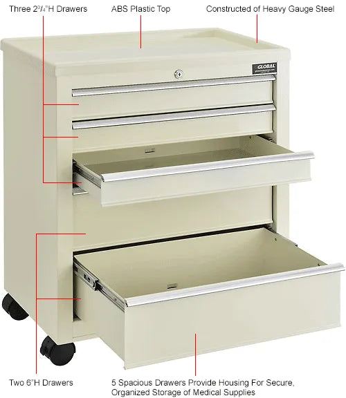 5-Drawer Medical Cart w/ Key Lock