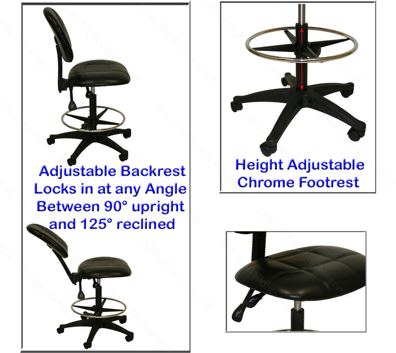 Deluxe Extra Tall High Airlift Stool Wheels Backrest Footring